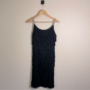 Vintage Flapper Dress Black Fringe Strapless with Rhinestones
